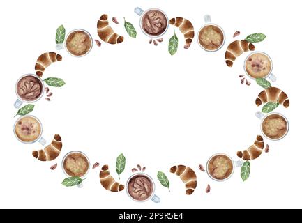 Couronne à cadre rond et aquarelle dessinés à la main avec tasses à café capuccino, feuilles, haricots, croissants. Isolé sur fond blanc. Pour les invitations, café Banque D'Images