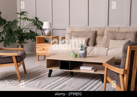 Intérieur élégant du salon avec canapé confortable, fauteuils et belles plantes Banque D'Images