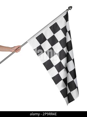 Femme portant un drapeau à carreaux sur fond blanc, gros plan Banque D'Images