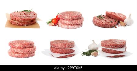 Placez les patties de hamburger fraîches sur fond blanc. Bannière Banque D'Images