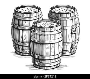 Canons en bois trois croquis dessinés à la main, vinification Illustration de Vecteur