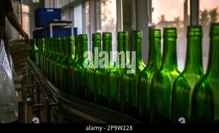 bouteille de vin dans l'usine d'embouteillage de la rangée Banque D'Images