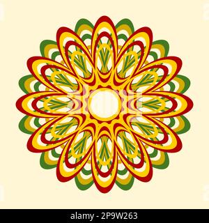 Motif Mandala en rouge, jaune et vert. Banque D'Images