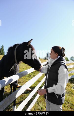 Femme à cheval noir près d'une clôture en bois à l'extérieur. Bel animal de compagnie Banque D'Images