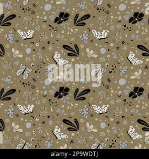 Motif fleuri sans couture dans des couleurs monochromes. Dessin à la main d'insectes et de fleurs, de papillons. Design pour cadeaux, textiles, papier peint. Banque D'Images