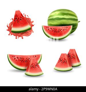 3d pastèque réaliste, tranches isolées et entières. Jus tropical de melon d'eau, fruits naturels dans les éclaboussures et les gouttes. Desserts exotiques naturels d'été biologiques ou glaces. Illustration d'aliments vectoriels Illustration de Vecteur