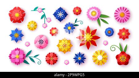 3d fleurs artisanales en papier, éléments colorés à l'origami. Colorez les formes avec des ombres, jaune, rose et blanc, fleur de printemps nature. Ensemble d'icônes contemporaines avec éléments décoratifs isolés à motif vectoriel Illustration de Vecteur