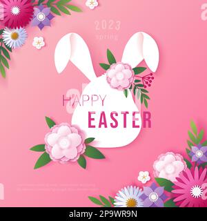 Lapin de Pâques, tête de lapin avec fleurs de printemps en papier à l'origami. Carte de vente avec décor de vacances pour salon, animal découpé, carte postale de voeux pour enfants ou message sur les réseaux sociaux. Affiche vectorielle ou modèle de cadre Illustration de Vecteur