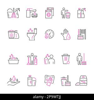 Service de ménage. Icônes de femme de ménage. Un équipement plus propre comme un chiffon et des gants. Bouteille de détergent. Balai ou balai. Essuie-linge. Application de temps de lavage Éponge à savon. Ensemble de pictogrammes de contour de nettoyage Vector Illustration de Vecteur