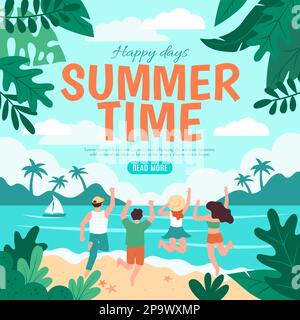 Voyage d'été. Des vacances à la plage entre amis heureux. Les gens sur la mer. Homme et femme sur l'océan. Feuilles de palmier. Complexe marin tropical. Vacances d'été. Conception de bannière Web. Illustration de dessin animé vectoriel Illustration de Vecteur