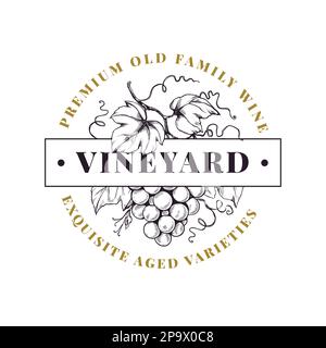 Label de cave de vinification, logo du vin de raisin. Ornement antique biologique, emblème de style gravure, cachet de marque de luxe. Baies dessinées à la main avec feuilles sur la branche. Logo Premium ou étiquette de produit. Décoration à motif vectoriel Illustration de Vecteur