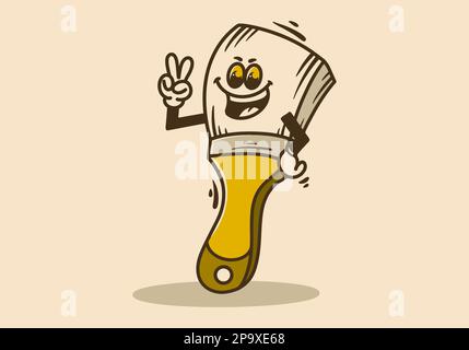 Motif mascotte d'un pinceau sur pied avec les mains formant un symbole de paix Illustration de Vecteur