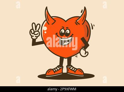 Motif mascotte d'un coeur diable debout avec des mains formant un symbole de paix Illustration de Vecteur