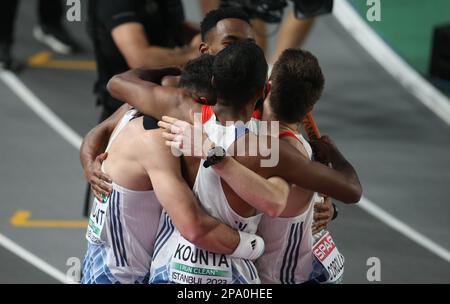 Gilles BIRON , ANDANT Téo , COROLLER Victor et Muhammad Abdallah KOUNTA de France 4 x 400m Relay Men final pendant les Championnats européens d'athlétisme en salle 2023 sur 5 mars 2023 à l'Atakoy Arena d'Istanbul, Turquie - photo Laurent Lairys / DPPI Banque D'Images