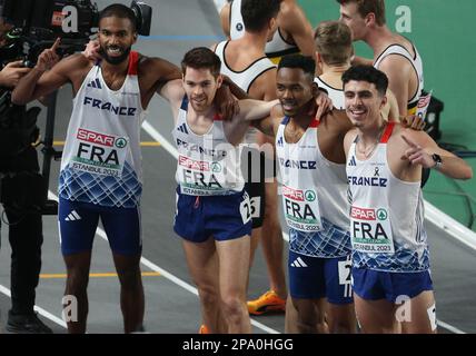 Gilles BIRON , ANDANT Téo , COROLLER Victor et Muhammad Abdallah KOUNTA de France 4 x 400m Relay Men final pendant les Championnats européens d'athlétisme en salle 2023 sur 5 mars 2023 à l'Atakoy Arena d'Istanbul, Turquie - photo Laurent Lairys / DPPI Banque D'Images