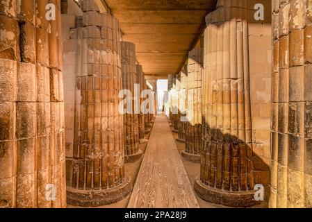 Couloir à colonnades à l'intérieur du complexe funéraire de Djoser, à Saqqara, en Égypte. Djoser était le premier roi de la dynastie égyptienne de 3rd ancien Royaume. Banque D'Images