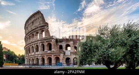 Détail du Colisée à Rome (Roma), Italie. Egalement appelé Colisée, c'est la plus célèbre visite italienne. Ciel bleu spectaculaire en arrière-plan Banque D'Images