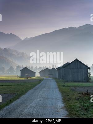 Vue sur la vallée de Praettigau près de Klosters en Suisse, tôt le matin, avec des champs de ferme et des granges en bois et des montagnes en silhouette derrière Banque D'Images