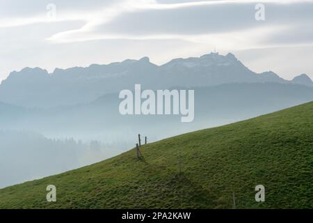 Paysage de montagne idyllique et paisible avec une clôture en bois sur une colline herbeuse et une vue magnifique sur les montagnes de l'Alpstein et la région d'Appenzell dans Banque D'Images