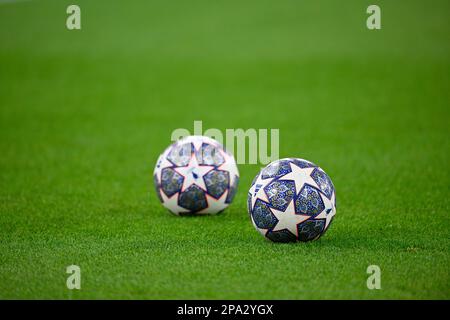 Ballon de match officiel Adidas UCL PRO CL, repose sur l'herbe, match de la Ligue des champions, Allianz Arena, Munich, Bayern, Allemagne Banque D'Images