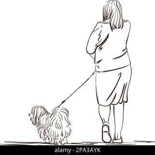 Femme âgée marchant sur son chien, illustration dessinée à la main, esquisse vectorielle isolée sur fond blanc Illustration de Vecteur