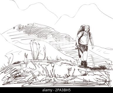 Croquis vectoriel de l'homme de trekking avec grand sac à dos tenant l'appareil photo dans sa main marchant dans la nature sur fond de hautes montagnes, illustrat dessiné à la main Illustration de Vecteur
