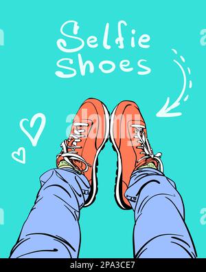 Illustration vectorielle des pieds dans des chaussures de basket et un Jean serré vue du haut avec texte dessiné à la main Chaussures de selfie, coeur et flèche, style d'art de ligne brillant c Illustration de Vecteur