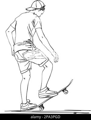 Croquis de skateboarder en casquette, T-shirt et pantalon serré sur ...