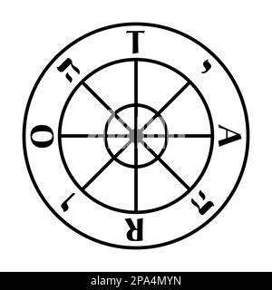 Wheel of Fortune, symbole de la carte tarot et Major Arcanum numéro X. Wagon Wheel avec 8 rayons, dans le sens des aiguilles d'une montre les lettres majuscules TARO, et Tetragram. Banque D'Images