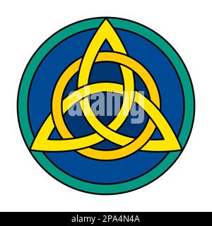 Nœud de trèfle celtique avec cercle dans un cadre circulaire. Triquetra jaune, entrelacée avec un cercle orange, sur fond bleu foncé. Banque D'Images