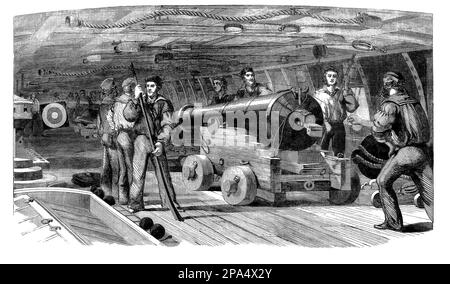 Pratique des armes à feu en 1860 sur HMS Brilliant (1814), un cinquième taux de 36 armes à feu lancé en 1814 et construit à Deptford. Elle a été réévaluée à 42 canons en 1830, au service de la flotte de la Manche, jusqu'en 1859, quand elle a été transférée à la Royal Naval Reserve, initialement à Londres. Banque D'Images