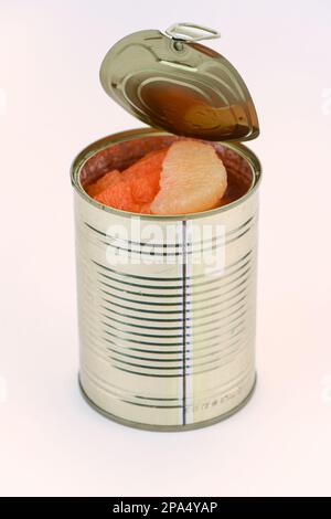Une boîte de segments de pamplemousse mélangés dans un moule non emballé sur fond blanc. Banque D'Images