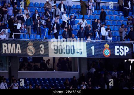 Madrid, Espagne. 11th mars 2023. Score final du match vu lors du match de football espagnol de la Liga Santander entre le Real Madrid CF et le RCD Espanyol au stade Santiago Bernabeu. Score final; Real Madrid 3:1 RCD Espanyol crédit: SOPA Images Limited/Alay Live News Banque D'Images