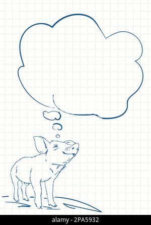 Cochon avec bulle de pensée, croquis de stylo bleu sur la page de bloc-notes quadrillé, illustration vectorielle dessinée à la main Illustration de Vecteur