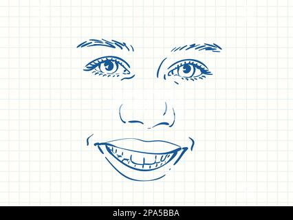 Beau visage souriant de la jeune fille avec de beaux yeux et des sourcils épais, croquis de plume bleue sur la page de bloc-notes carré de grille, illustration vectorielle dessinée à la main Illustration de Vecteur