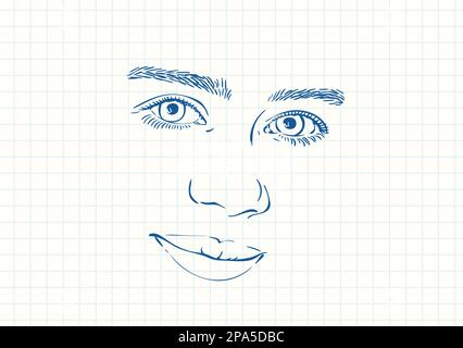 Beau visage souriant de la jeune fille avec de beaux yeux et des sourcils épais, croquis de plume bleue sur la page de bloc-notes carré de grille, illustration vectorielle dessinée à la main Illustration de Vecteur