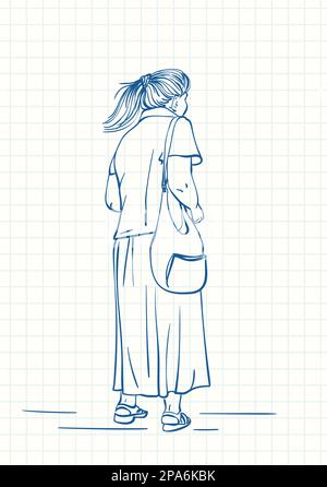Femme d'âge debout en jupe longue avec les cheveux en queue de cheval, croquis de plume bleue sur la page de bloc-notes quadrillée, illustration linéaire vectorielle dessinée à la main Illustration de Vecteur