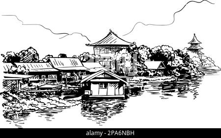 Croquis de maisons de village sur l'eau avec temples bouddhistes et montagnes sur fond, illustration vectorielle dessinée à la main Illustration de Vecteur