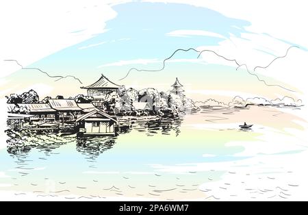 Croquis de village avec des temples bouddhistes sur la rive de la rivière avec bateau de pêche et montagnes, paysage de l'asie du Sud-est, illustrae de vecteur dessiné à la main Illustration de Vecteur