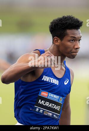 Rachid Muratake, du Japon, célèbre après avoir remporté la finale hommes 100m haies lors de la Sydney Track Classic 2023 au Sydney Olympic Park Athletic Centre on 11 mars 2023, à Sydney, en Australie. (PHOTO : IZHAR KHAN) IMAGE LIMITÉE À L'USAGE ÉDITORIAL - STRICTEMENT AUCUNE UTILISATION COMMERCIALE Banque D'Images