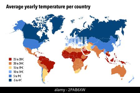 Carte du monde avec température annuelle moyenne par pays Banque D'Images