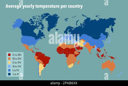 Carte du monde avec température annuelle moyenne par pays Banque D'Images