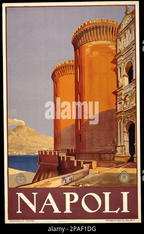 1920 CA , NAPLES , Italie : l'affiche publicitaire pour LA NAPOLI par ENIT ( ENTE NAZIONALE ITALIANO TURISMO ) et FS ( FERROVIE DELLO STATO ) Avec Castello Maschio Angioino et Vesuvio - ITALIA - - Naples - GEOGRAFIA - FOTO STORICHE - HISTOIRE - HISTORIQUE - TURISMO - TOURISME - turisti - touriste - VACANZE - voyage - vacances - PUBBLICITA' - CAMPANIA --- ARCHIVIO GBB Banque D'Images