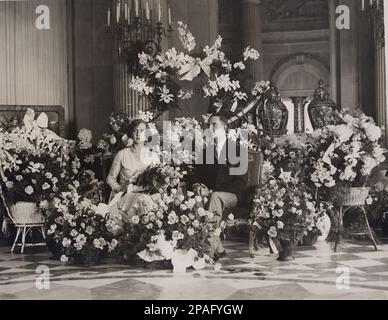 1929 , Bruxelles , BELGIQUE : UMBERTO II di SAVOIA futur roi d'Italie ( 1904 - 1983 ) et la femme promise Princesse MARIA JOSE' de Belgique le jour de l'engagement royal de l'ambassade italienne à Bruxelles . Le mariage a été célébré le jour 8 janvier 1930 à Rome , Italie - FIDANZATI - FIDANZAMENTO - FLEURS - FIORI - rose - rosa - roses - orchidea - orchidée - BELGIO - ITALIA - CASA SAVOIA - REALI - Nogiltà ITALIANA - SAVOIE - NOBLESSE - ROYALTIES - HISTOIRE - FOTO STORICHE - royalties - nobili - Nogiltà - principe reale - collier de perles - collana di perle - portrait - ritrato - HISTOIRE - Banque D'Images