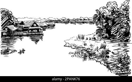 Croquis du paysage fluvial en Asie du Sud-est avec village et jungle, illustration vectorielle dessinée à la main Illustration de Vecteur