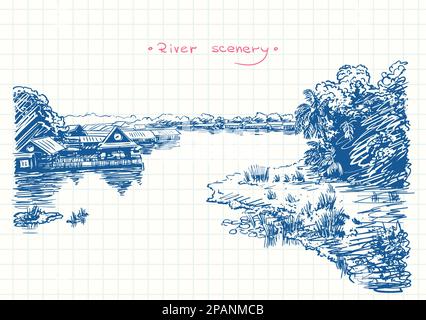 Paysage fluvial en Asie du Sud-est avec village et jungle, croquis de plume bleue sur la page de journal de grille carrée, illustration vectorielle dessinée à la main Illustration de Vecteur