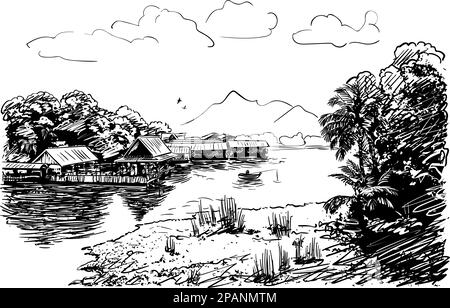 Croquis de paysage fluvial en Asie du Sud-est avec bateau de pêche, village, jungle, nuages et montagne, illustration vectorielle dessinée à la main Illustration de Vecteur