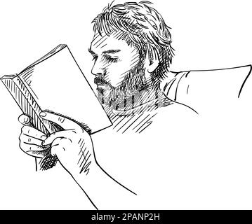 Croquis de l'homme avec la barbe est livre de lecture, dessin de vecteur main illustration de la tête de l'homme, bras tenant livre et une partie de fauteuil Illustration de Vecteur