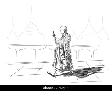 Croquis de moine bouddhiste avec smartphone à la main marchant à l'extérieur du temple, illustration vectorielle dessinée à la main Illustration de Vecteur