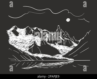 Esquisse linéaire du massif de la montagne Cerro Torre et de la lagune Torre en Patagonie dans la nuit de la lune, illustration vectorielle dessinée à la main lignes blanches sur le backgrou noir Illustration de Vecteur